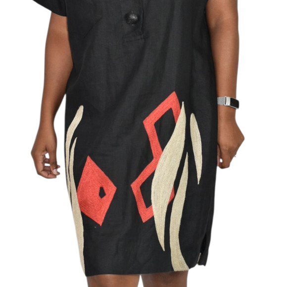 Vintage Andrea Jovine Linen Dress Black Print Abstract Embroidery Cocoon Medium - Picture 5 of 15